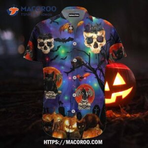 Black Cat Skull Halloween Hawaiian Shirt, Classy Halloween Gifts