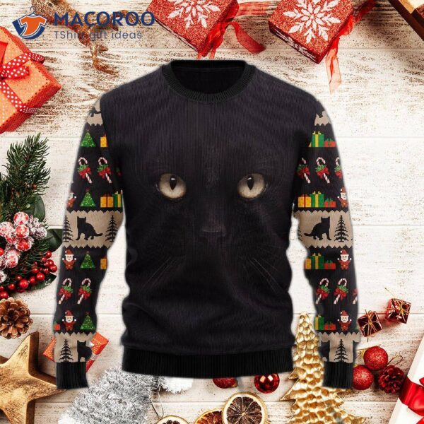 Black Cat With A Cute Face Ugly Christmas Sweater