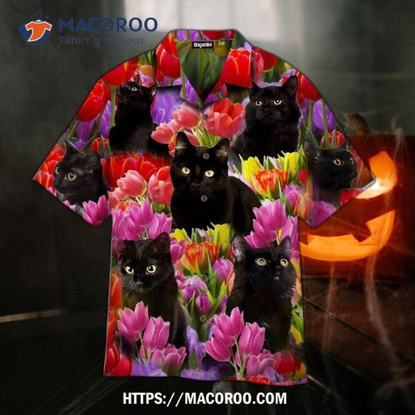 Black Cats Are Chilling In Tulip Garden Hawaiian Shirt, Scary Birthday Gifts