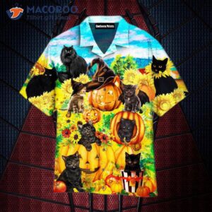 black cats love sunflower and pumpkin hawaiian shirts 0