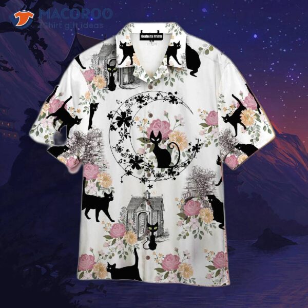 Black Cats With Flower Pattern White Hawaiian Shirts