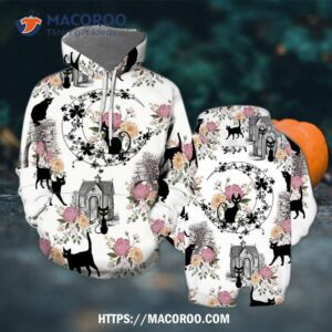 Black Cats With Flowers All Over Print 3D Hoodie, Classy Halloween Gifts