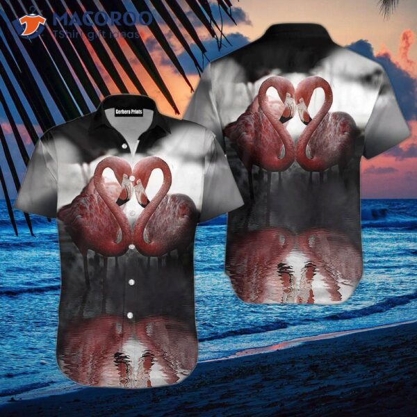 Black Flamingo Heart Hawaiian Shirts