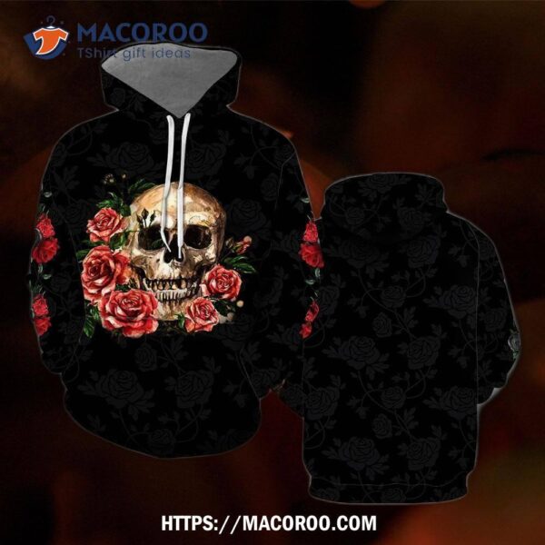 Black Rose Flower Skull All Over Print 3D Hoodie, Halloween Gifts For Adults