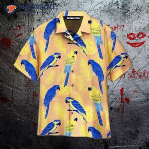 blue and gold tropical hawaiian bird pattern shirts 0