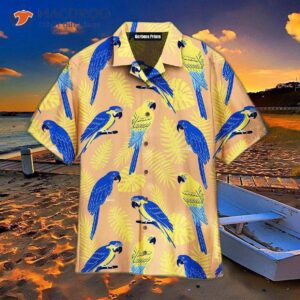blue and gold tropical hawaiian bird pattern shirts 1