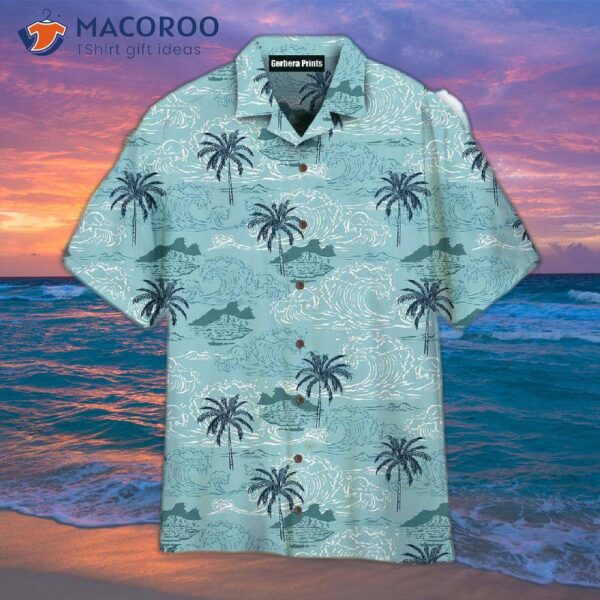 Blue Big Wave And Palm Tree Island Pattern Hawaiian Shirts