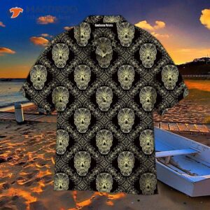 bohemian style skull day of the dead pattern black hawaiian shirts 1