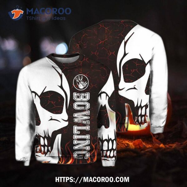Bowling Flame Fire Skull Crewneck Sweatshirt, Small Halloween Gifts