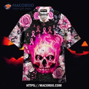 Breast Cancer Pink Skull And Flower Hawaiian Shirts, Halloween Gift For Grandchildren