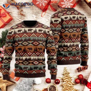 Brown Tribal Bear And Fir Tree Pattern Ugly Christmas Sweater