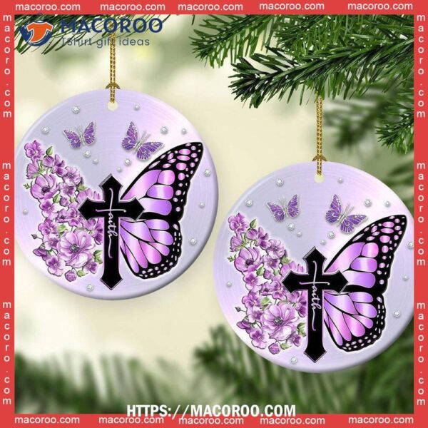 Butterfly Faith Purple Floral Circle Ceramic Ornament, Butterfly Garden Ornaments