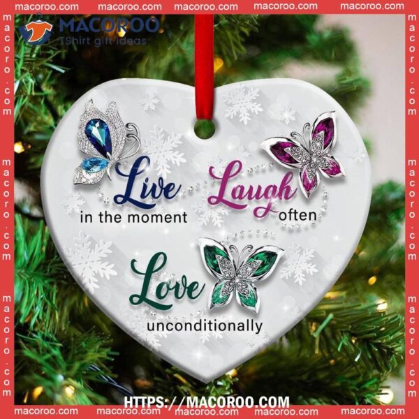 Butterfly Live In The Moment Heart Ceramic Ornament, Butterfly Christmas Ornaments