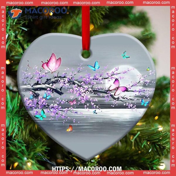 Butterfly Moon Branch Style Heart Ceramic Ornament, Butterfly Christmas Ornament