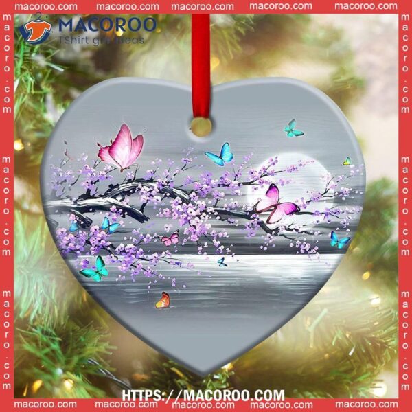 Butterfly Moon Branch Style Heart Ceramic Ornament, Butterfly Christmas Ornament