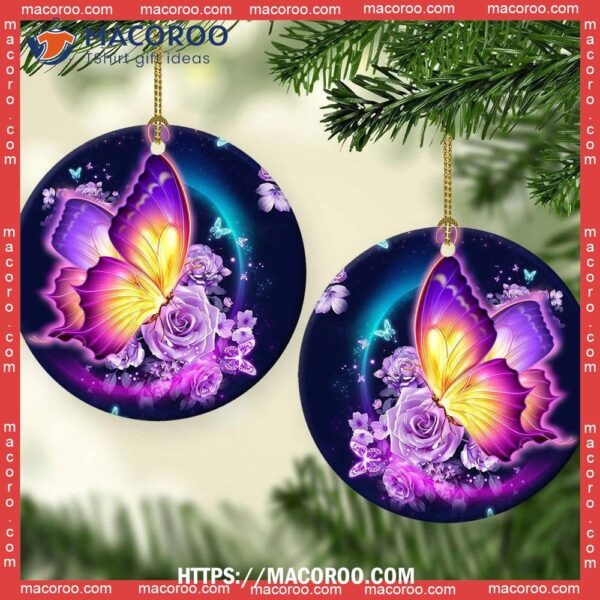 Butterfly Over Night Day Circle Ceramic Ornament, Christmas Tree Butterfly Ornaments