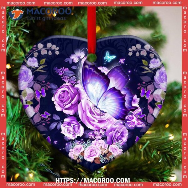 Butterfly Purple Rose Lover Heart Ceramic Ornament, Butterfly Ornament 2023