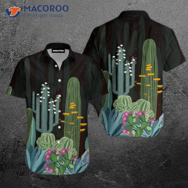 Cactus Garden At Night With Green And Black Hawaiian Shirts