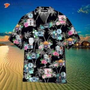 Camera Tropical Coconut Palm Tree Pattern Black Hawaiian Shirts