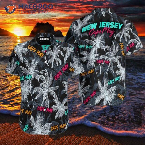 Cape May Coconut Tree Pattern Black Hawaiian Shirts, Seamless, New Jersey