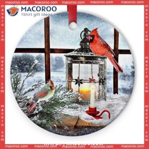 Cardinal Lantern With His Friends Circle Ceramic Ornament, Red Cardinal Ornament