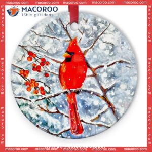 Cardinal Painting Red Art Circle Ceramic Ornament, Cardinal Tree Ornaments