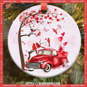 Cardinal Red Truck Style Circle Ceramic Ornament, Cardinal Christmas Decorations