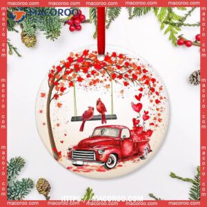 Cardinal Red Truck Style Circle Ceramic Ornament, Red Cardinal Christmas Tree