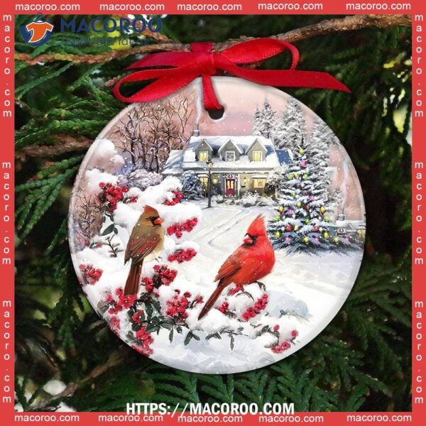 Cardinal Winter Art Circle Ceramic Ornament, Red Cardinal Christmas Decorations