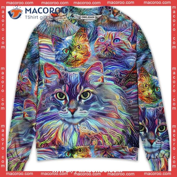 Cat Art Hippie Lover Colorful Sweater, National Ugly Sweater Day