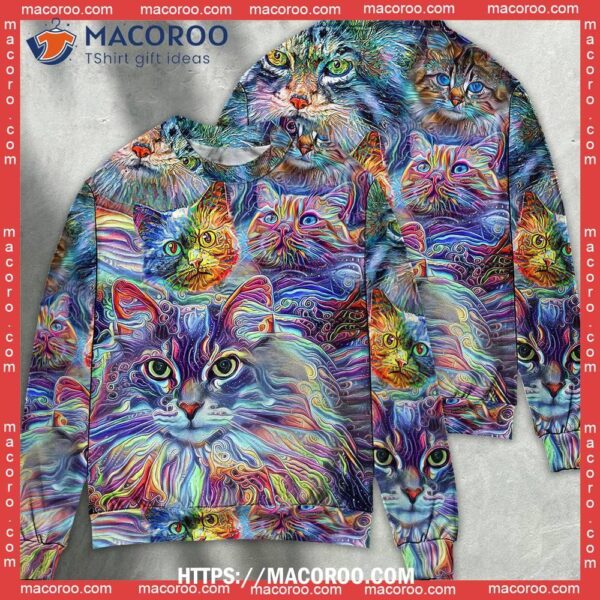 Cat Art Hippie Lover Colorful Sweater, National Ugly Sweater Day