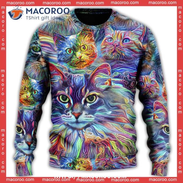 Cat Art Hippie Lover Colorful Sweater, National Ugly Sweater Day