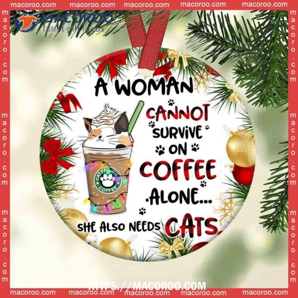 Cat Christmas Coffee Lover Circle Ceramic Ornament, Personalized Cat Ornaments