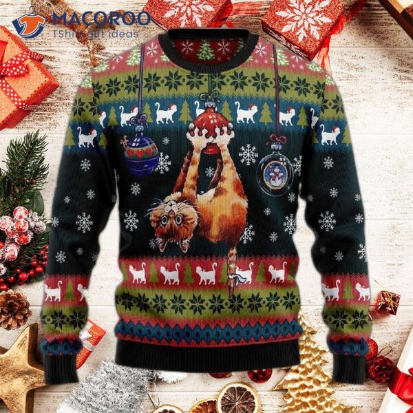 Cat Hanging On Christmas Tree Ugly Sweater