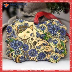 Cat Love Flower Art Style Metal Ornament, Grey Cat Ornaments