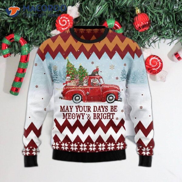 Cat Red Truck Ugly Christmas Sweater