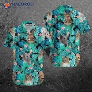 Cat Tropical Blue Leaf Hawaiian Shirts