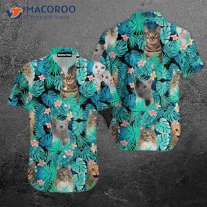 cat tropical blue leaf hawaiian shirts 0