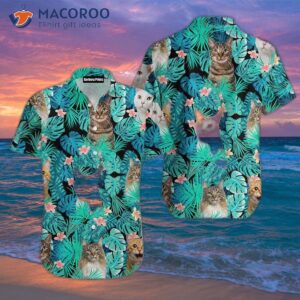 cat tropical blue leaf hawaiian shirts 1