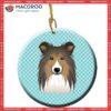 Checkerboard Blue Shetland Sheepdog Christmas Ceramic Ornament