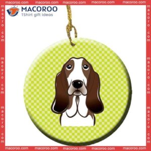 Checkerboard Lime Green Basset Hound Christmas Ceramic Ornament