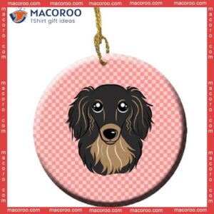 Checkerboard Pink Longhaired Black And Tan Dachshund Christmas Ceramic Ornament