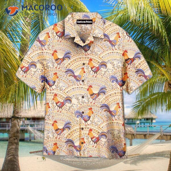 Chicken And Roosters In Floral Ornaments On A Beige Native Hawaiian Shirt