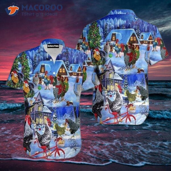 Chickens Wearing Christmas Snow Town Pattern Hawaiian Shirts