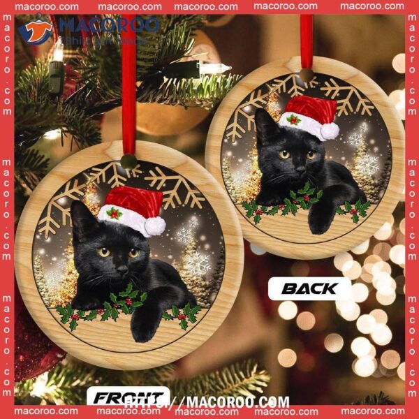 Christmas Black Cat Cute Kitty Xmas Circle Ceramic Ornament, Kitty Ornaments