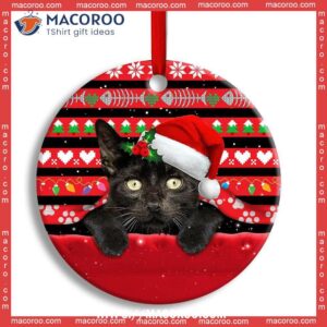 Christmas Black Cat Funny Xmas Decor Tree Hanging Circle Ceramic Ornament, Kitten Ornaments