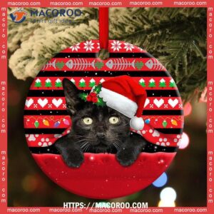 Christmas Black Cat Funny Xmas Decor Tree Hanging Circle Ceramic Ornament, Kitten Ornaments
