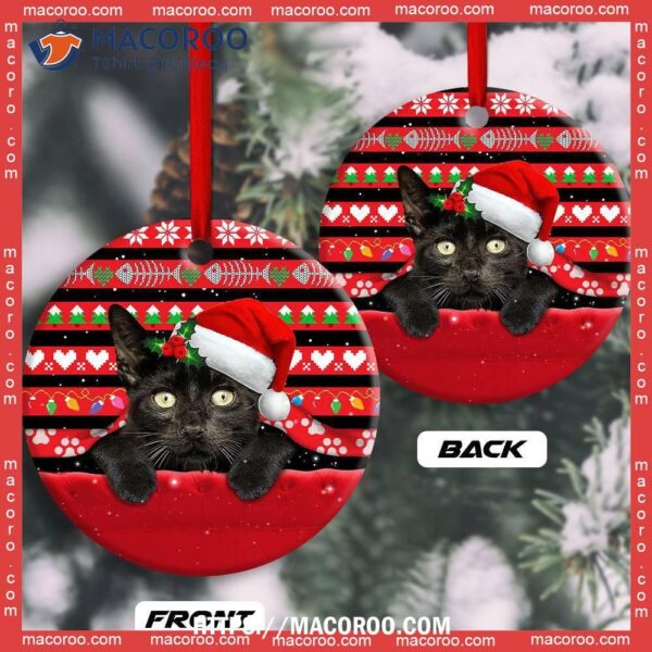 Christmas Black Cat Funny Xmas Decor Tree Hanging Circle Ceramic Ornament, Kitten Ornaments