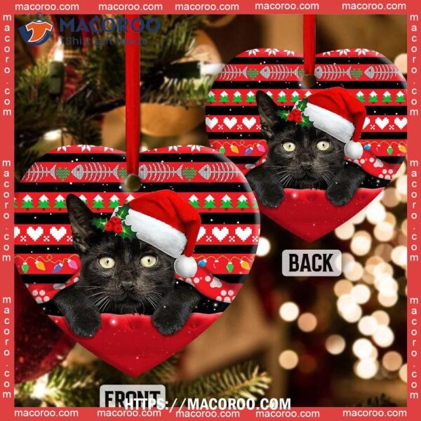 Christmas Black Cat Funny Xmas Decor Tree Hanging Heart Ceramic Ornament, Cat Tree Ornaments