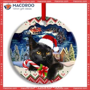 Christmas Black Cat Funny Xmas Light Santa Claus Decor Tree Hanging Circle Ceramic Ornament, Grey Cat Ornaments
